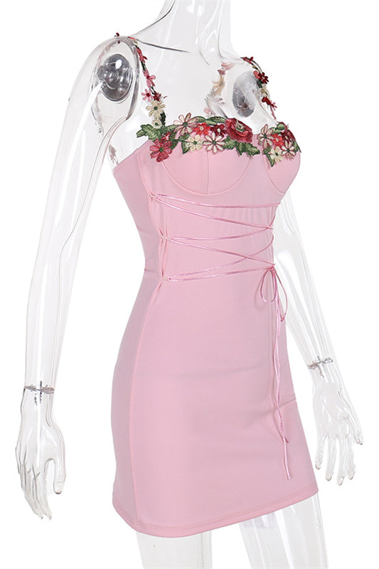 
                      
                        Appliques Neck Pink Lace-up Front Short Dress
                      
                    