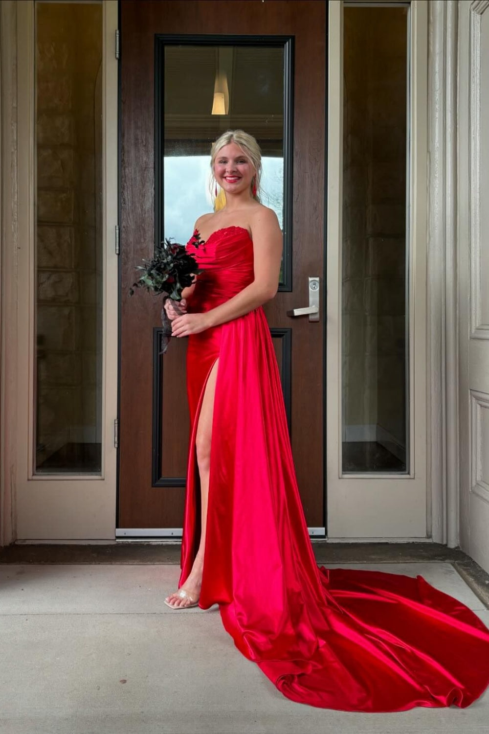 Appliques Neck Red A-line Long Dress with Slit