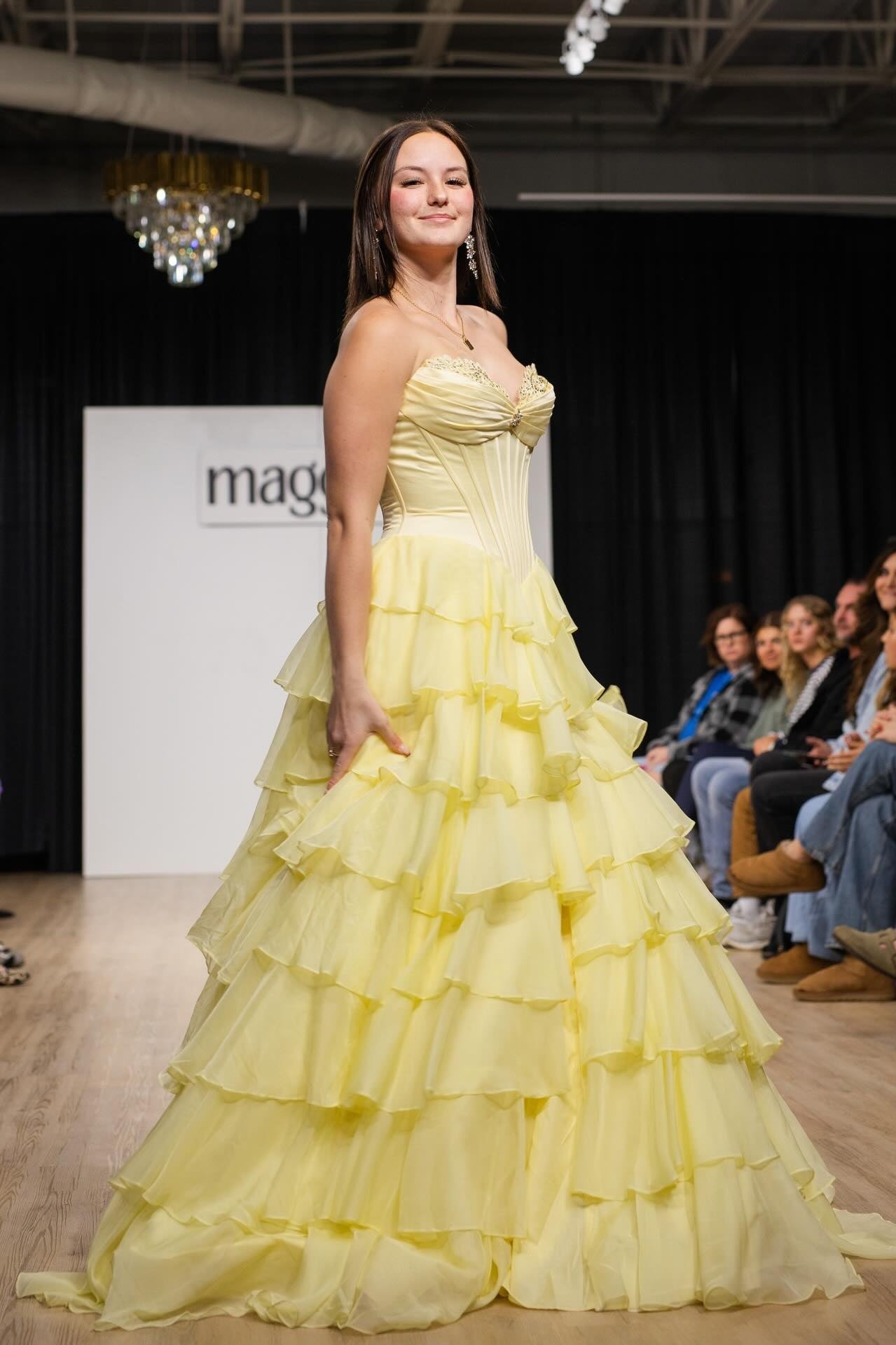 Appliques Neck Ice Blue Tiered Long Dress with Slit