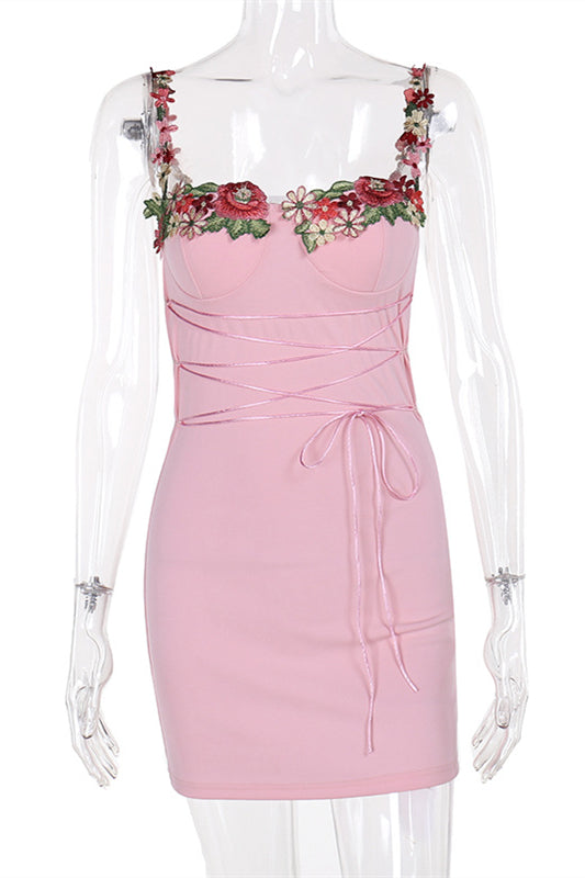 Appliques Neck Pink Lace-up Front Short Dress