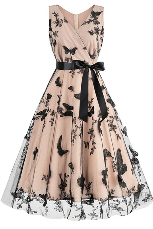 Apricot 1950s Butterfly Embroidery Mesh Vintage Dress