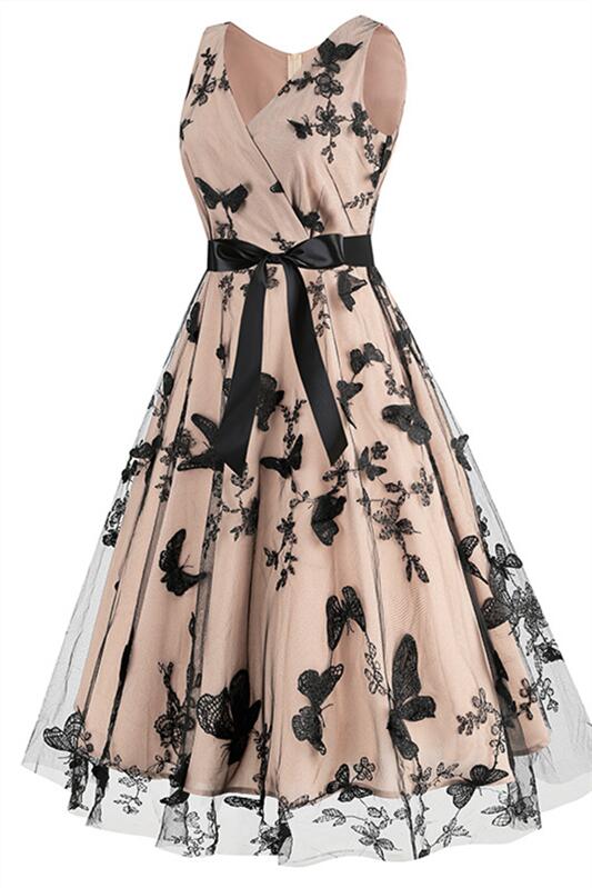 Apricot 1950s Butterfly Embroidery Mesh Vintage Dress