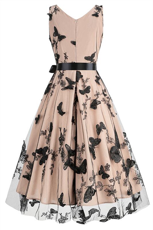 Apricot 1950s Butterfly Embroidery Mesh Vintage Dress