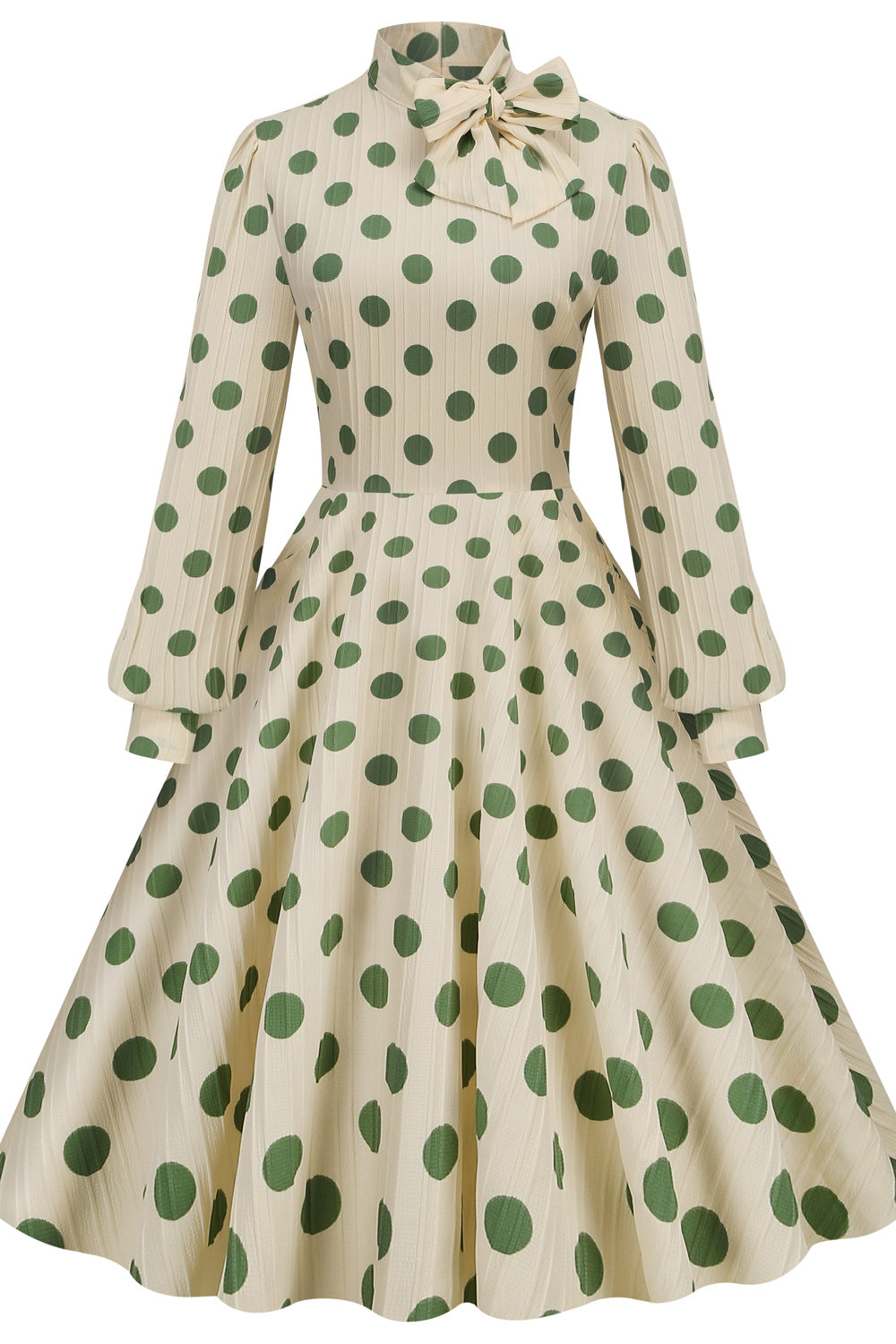 Apricot 1950s Green Polka Dots Tie Neck Swing Dress With Pockets