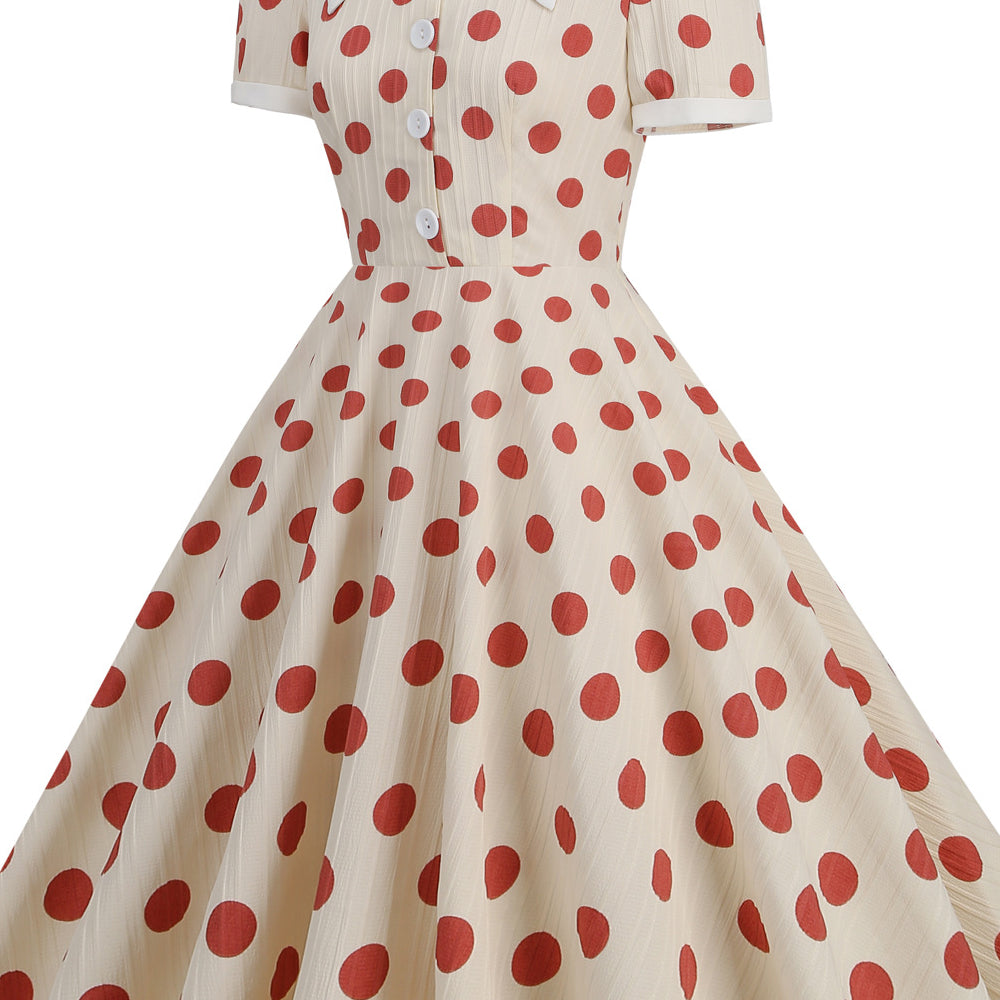 
                      
                        Apricot 1950s Red Polka Dots Swing Dress with Button
                      
                    