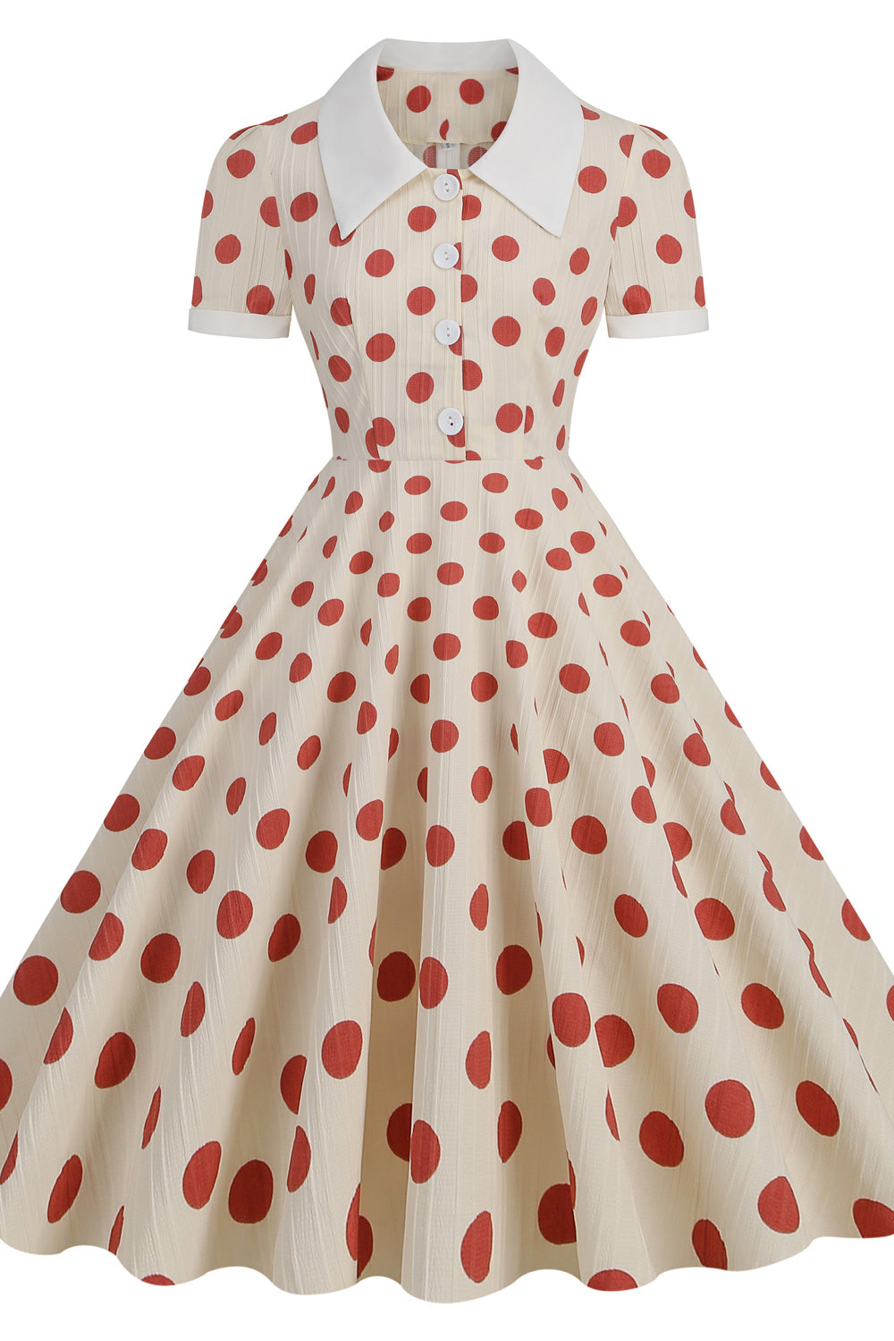 Apricot 1950s Red Polka Dots Swing Dress with Button