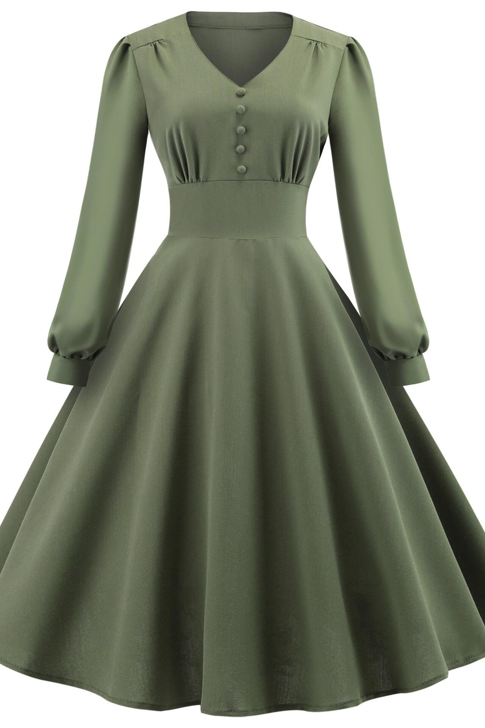 Army Green 1950s Button Front Long Sleeve Big Swing Dress