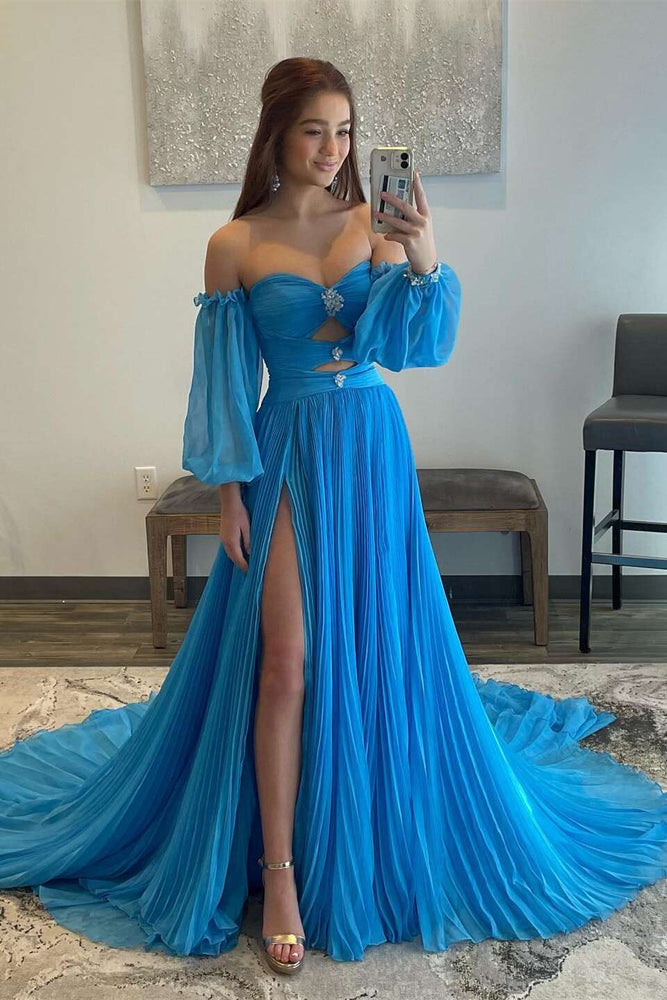 
                      
                        Balloon Sleeves Blue Pleated Long Dress with Slit
                      
                    