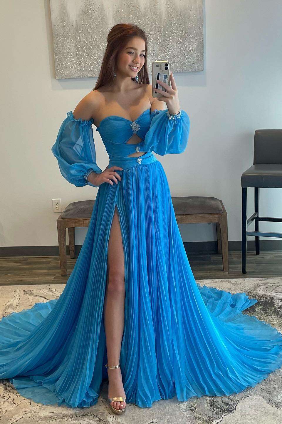 Balloon Sleeves Blue Pleated Long Dress with Slit