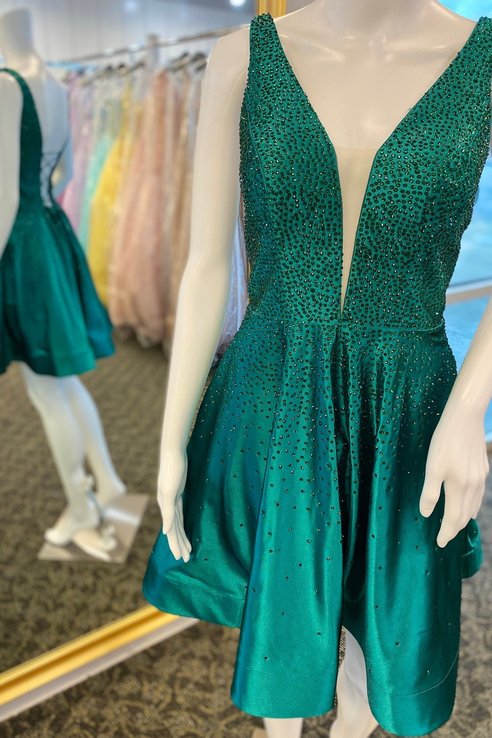 Beaded Emerald Green Satin Short Homecoming Dress