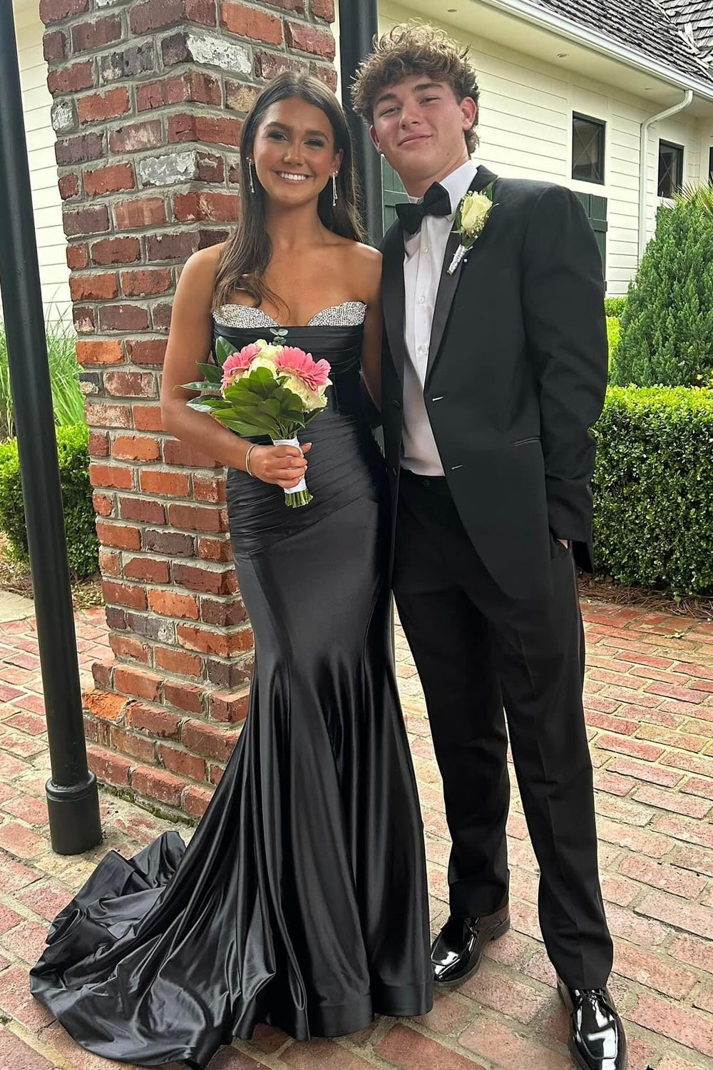 Beaded Neck Black Pleated Mermaid Long Dress