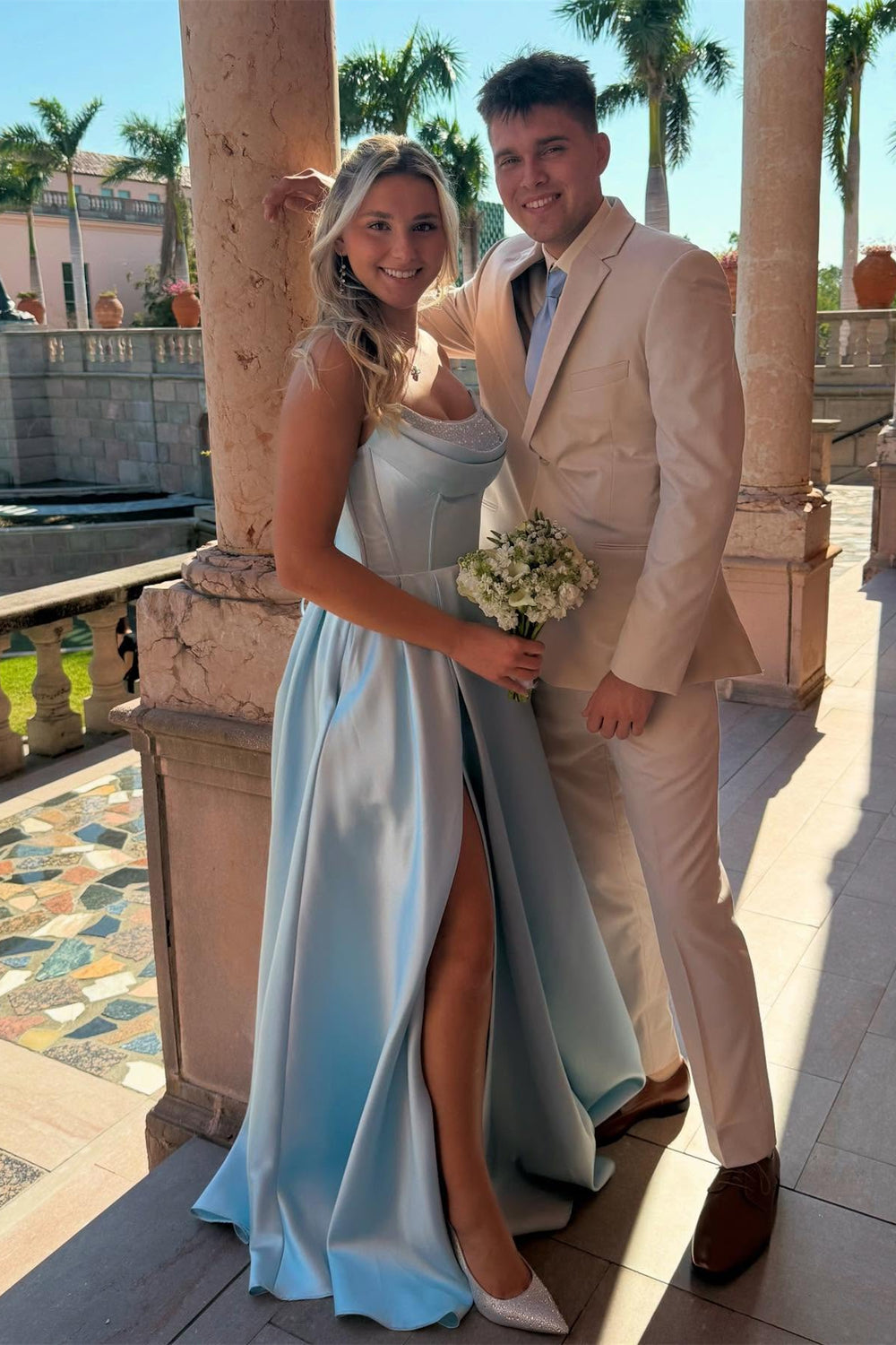 Beaded Neck Blue A-line Long Dress with Slit