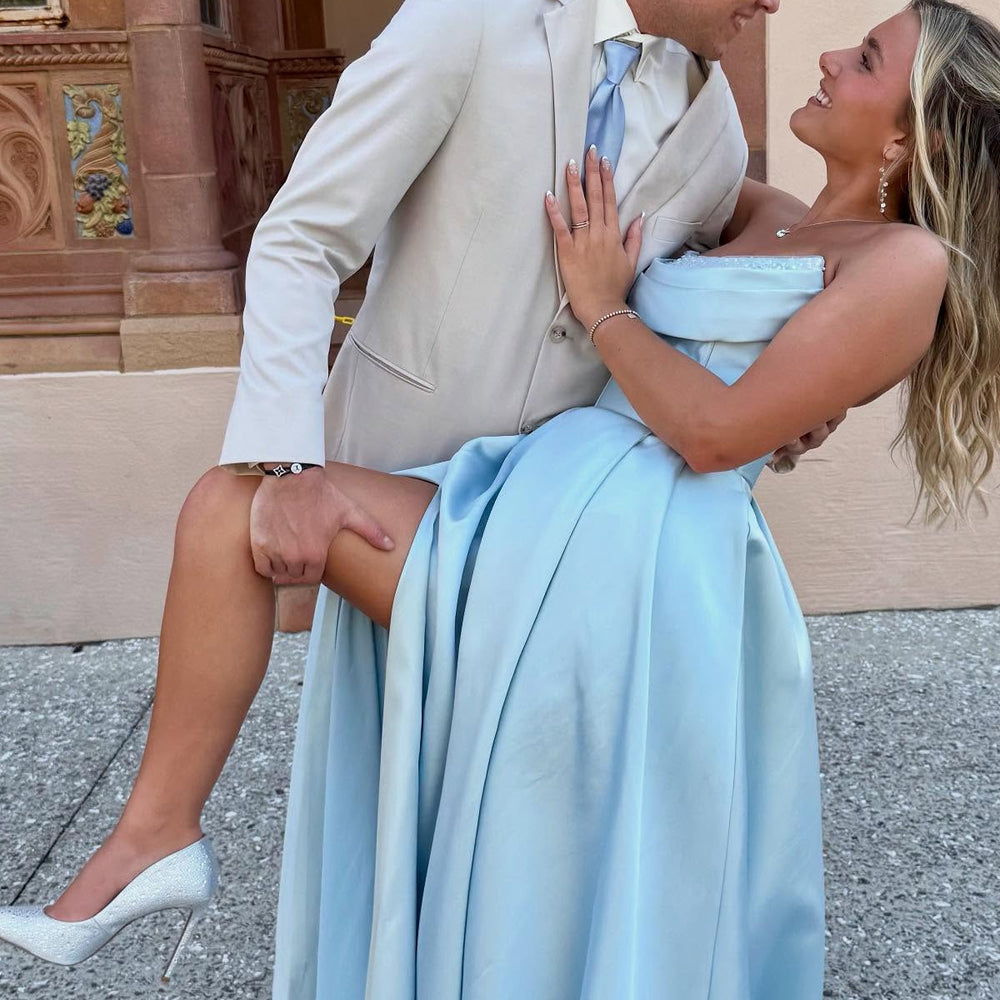 
                      
                        Beaded Neck Blue A-line Long Dress with Slit
                      
                    