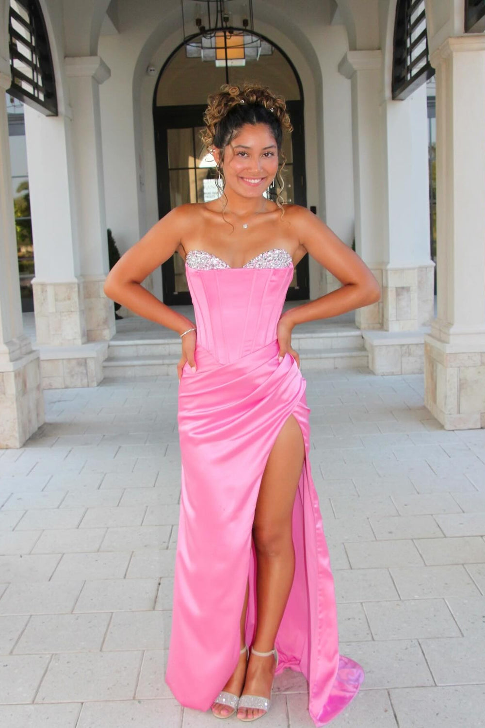 Beaded Neck Pink Pleated Mermaid Long Dress with Slit