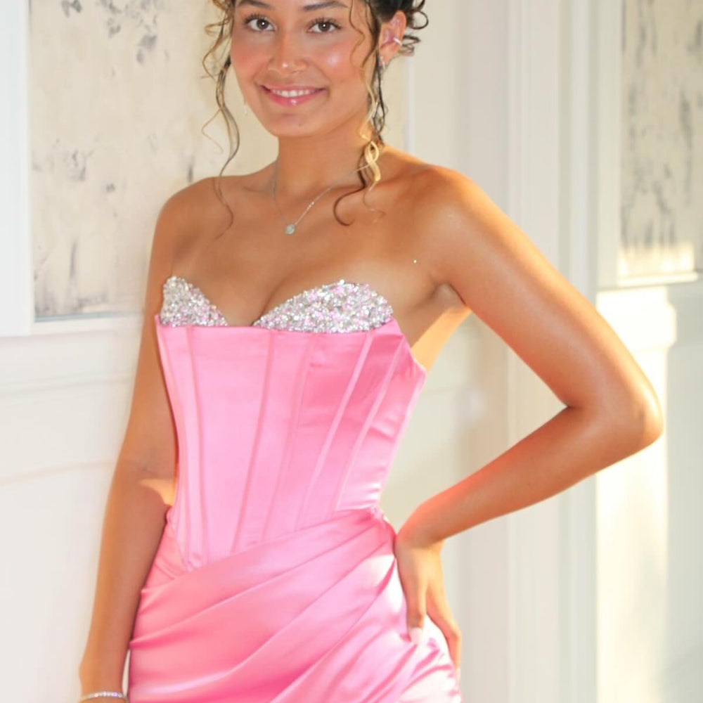 
                      
                        Beaded Neck Pink Pleated Mermaid Long Dress with Slit
                      
                    