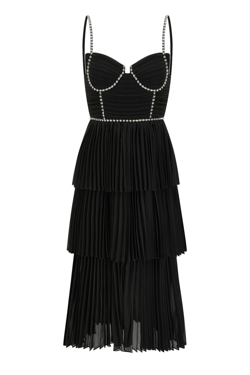 Beaded Straps Black Tiered Long Chiffon Dress