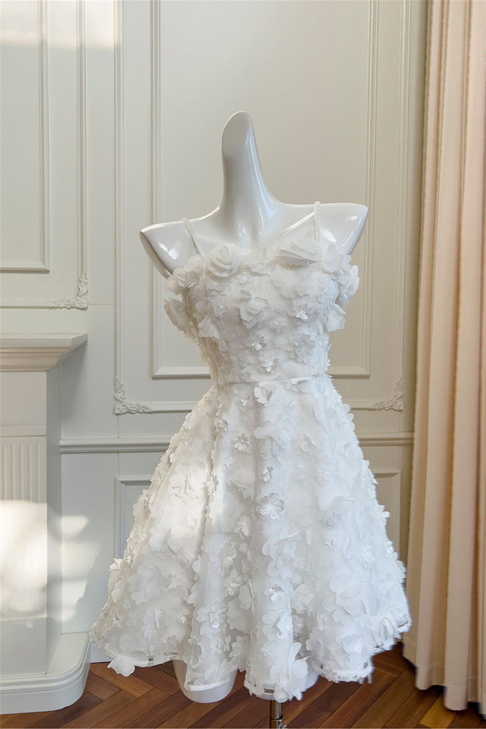 Beaded Straps White 3D Floral A-line Short Dress