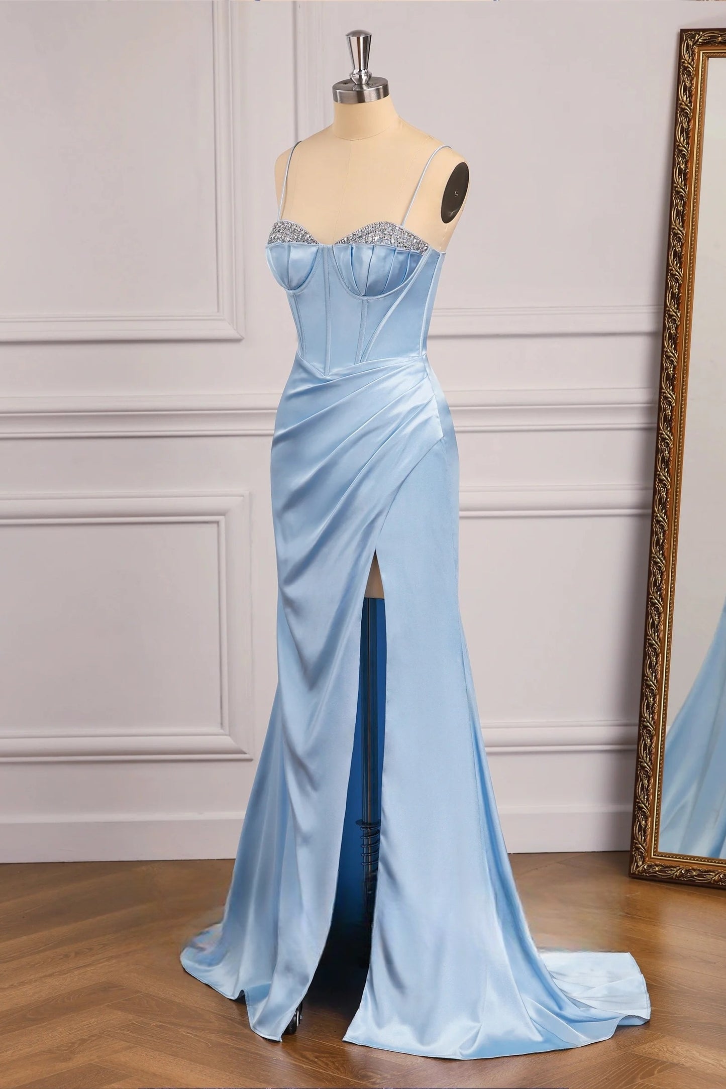 Beaded Neck Baby Blue Mermaid Long Dress with Slit