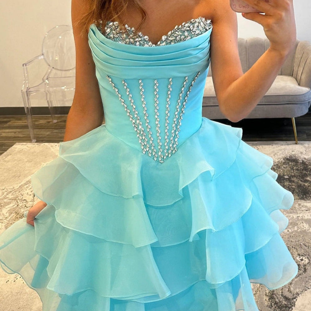 
                      
                        Beaded Neck Blue Ruffle Tiered Short Dress
                      
                    