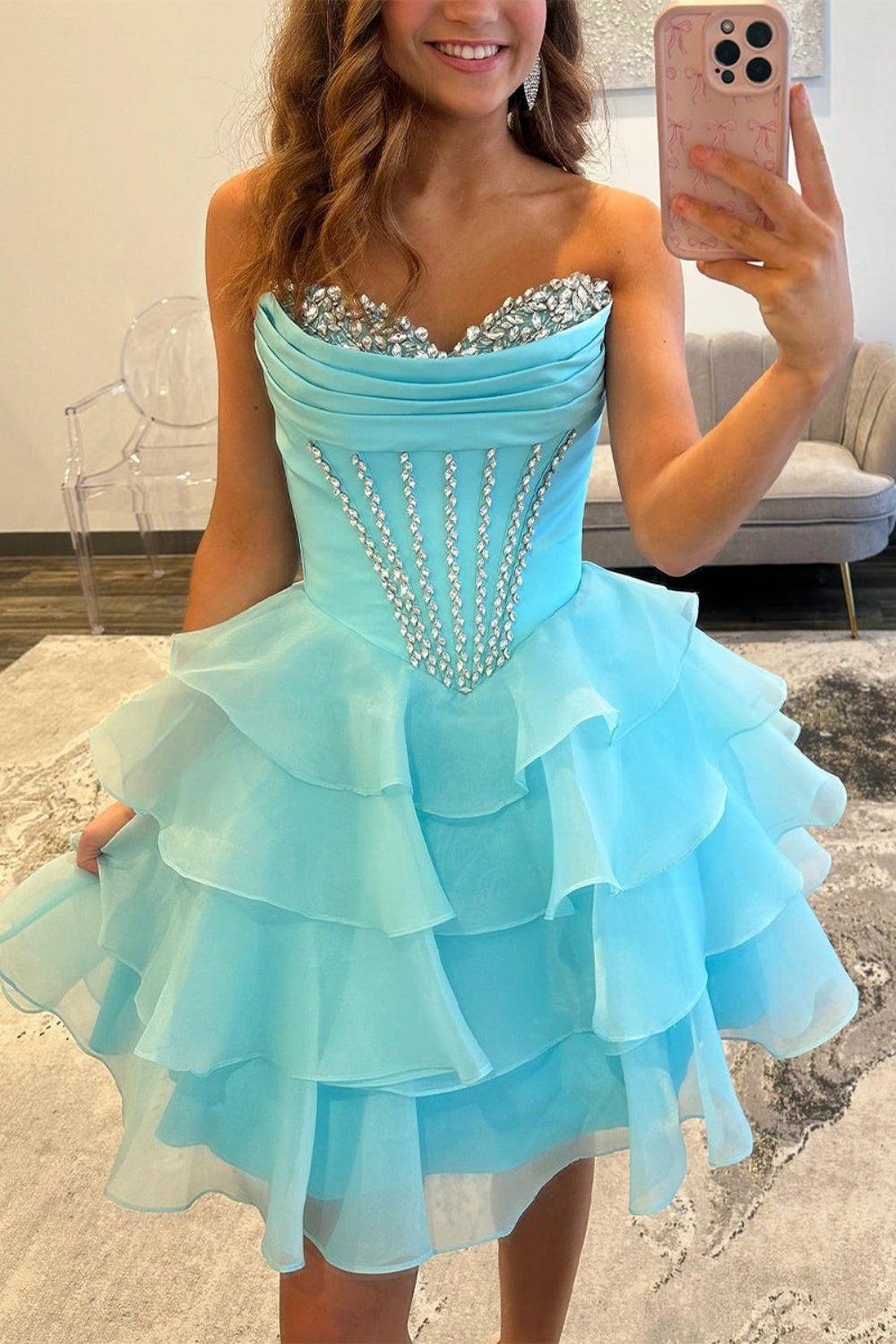 Beaded Neck Blue Ruffle Tiered Short Dress
