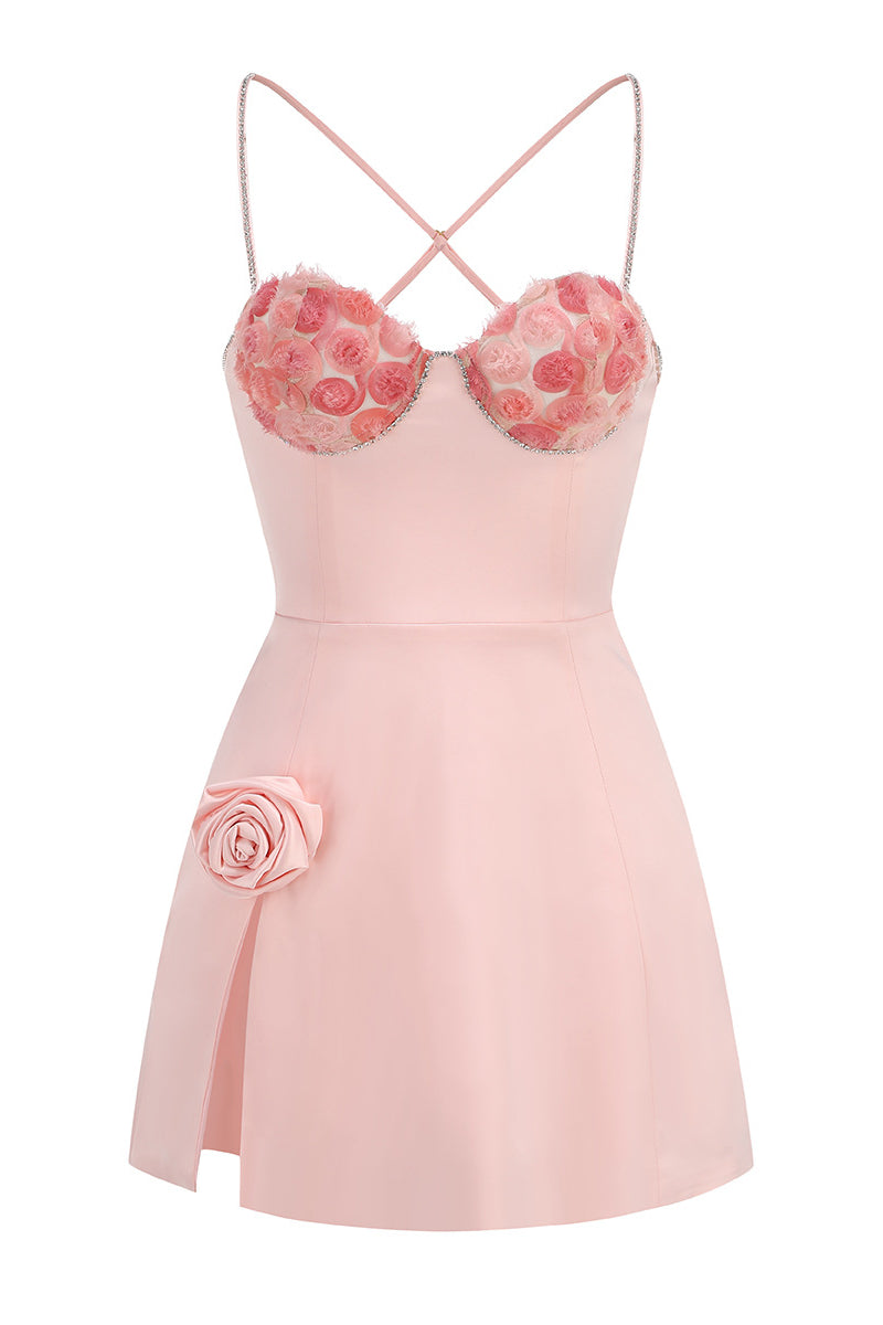 Beaded Straps Light Pink A-line Short Dress with Rosette