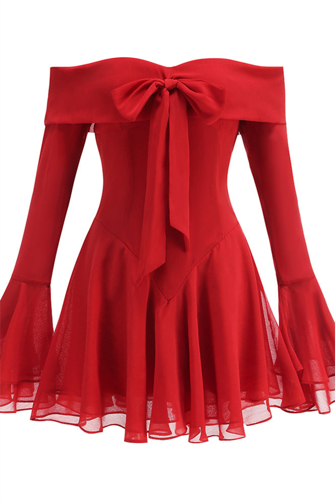 Bell Sleeves Red Bow Front A-line Short Dress