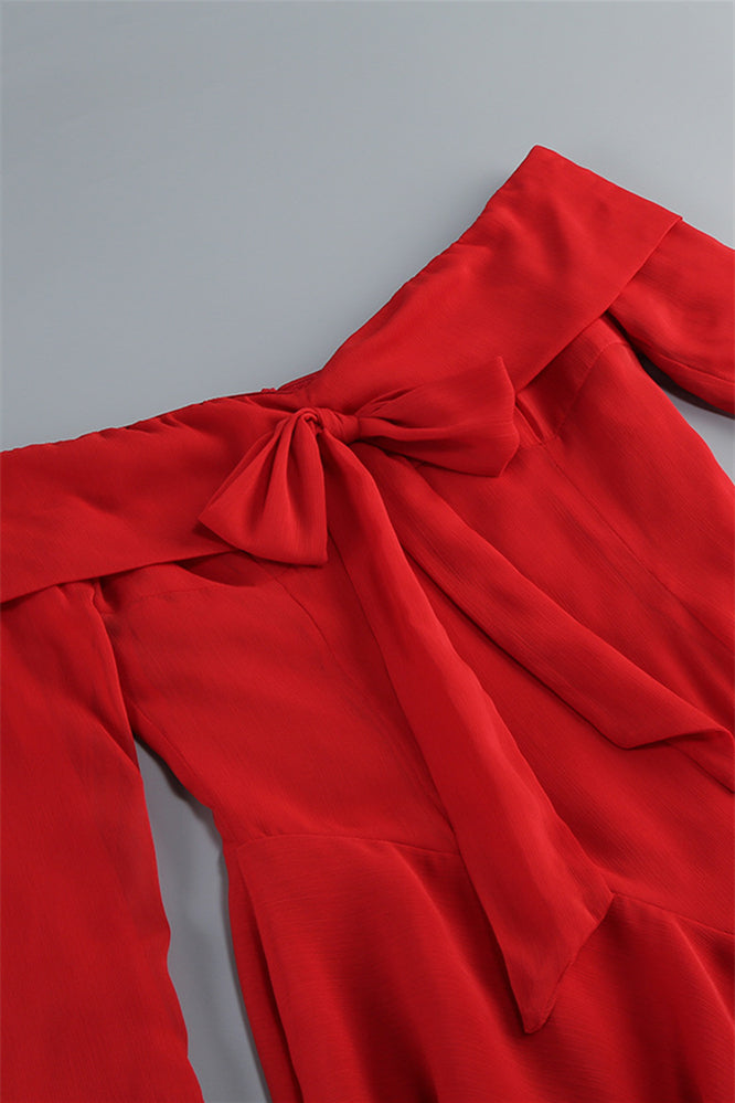 
                      
                        Bell Sleeves Red Bow Front A-line Short Dress
                      
                    