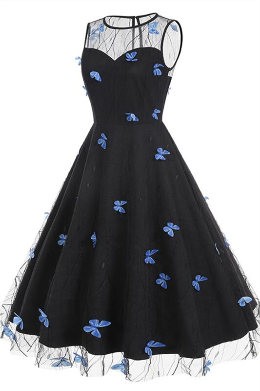 
                      
                        Black 1950s Butterfly Embroidery Mesh Vintage Dress
                      
                    