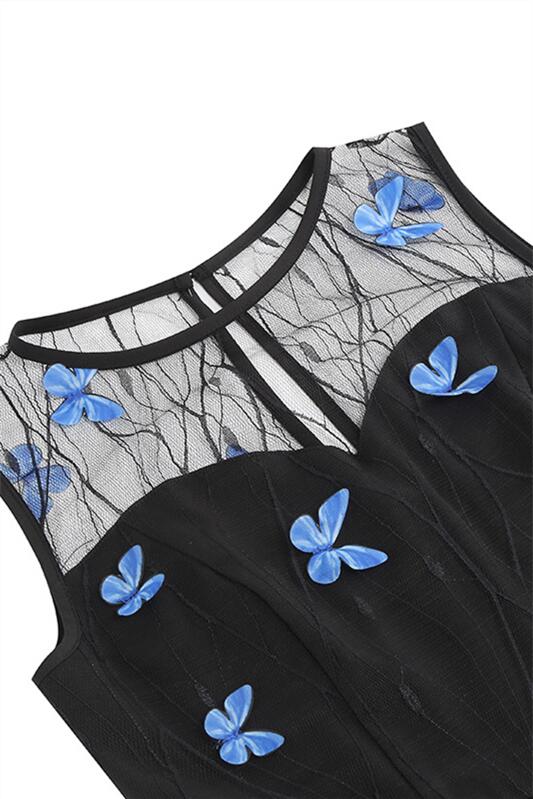 Black 1950s Butterfly Embroidery Mesh Vintage Dress