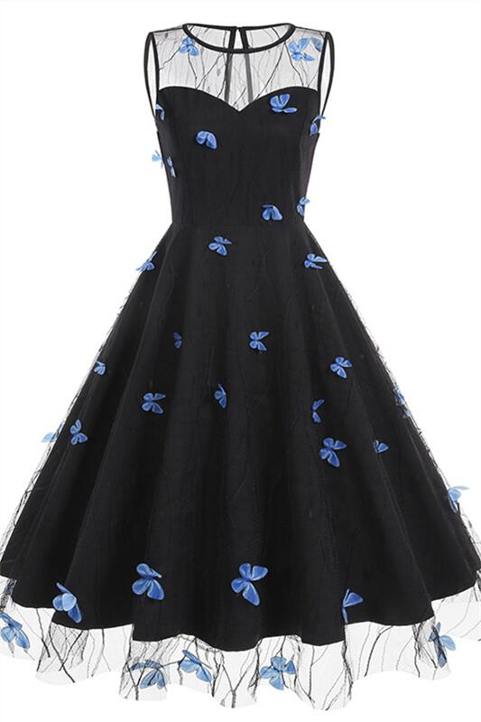 Black 1950s Butterfly Embroidery Mesh Vintage Dress
