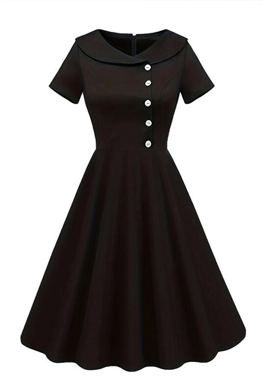 Black 1950s Button Front Short Sleeve Vintage Dress