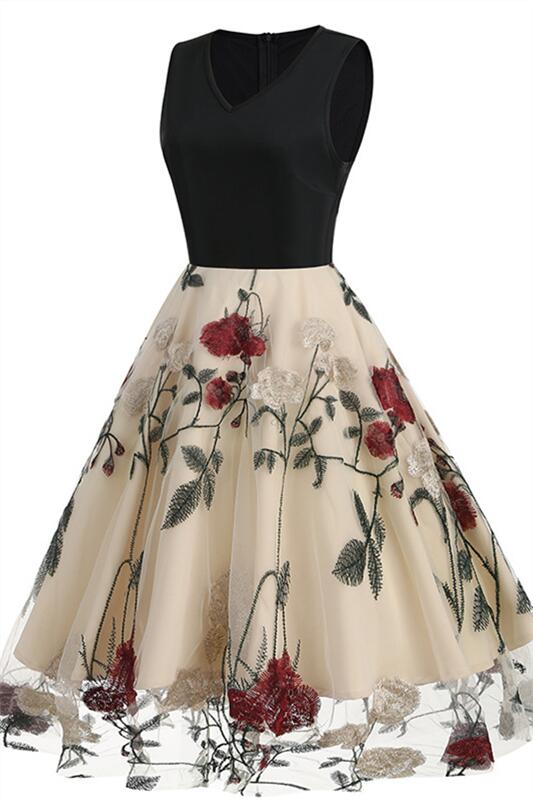 Black 1950s Floral Embroidery Mesh Sleeveless Vintage Dress