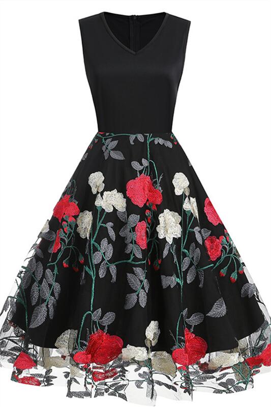 Black 1950s Floral Embroidery Mesh Sleeveless Vintage Dress
