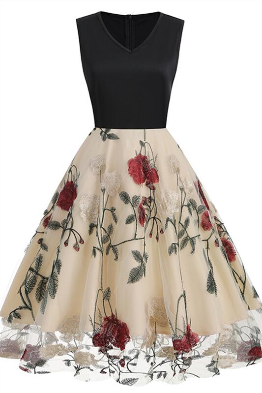 Black 1950s Floral Embroidery Mesh Sleeveless Vintage Dress