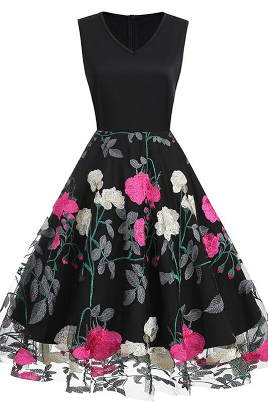 Black 1950s Floral Embroidery Mesh Sleeveless Vintage Dress