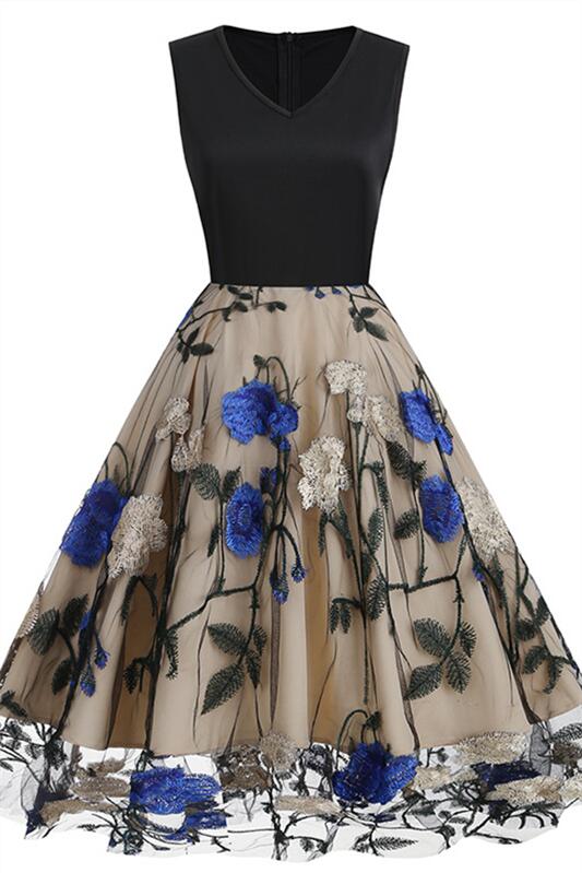 Black 1950s Floral Embroidery Mesh Sleeveless Vintage Dress