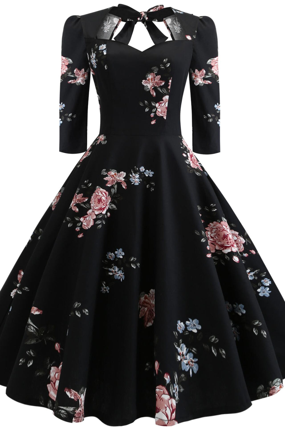 Black 1950s Floral Print Half Sleeve Big Swing Dress