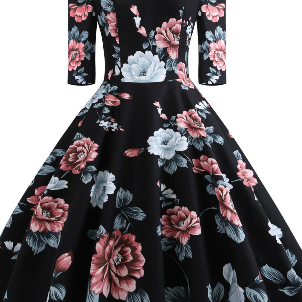 
                      
                        Black 1950s Floral Print Half Sleeve Big Swing Dress
                      
                    