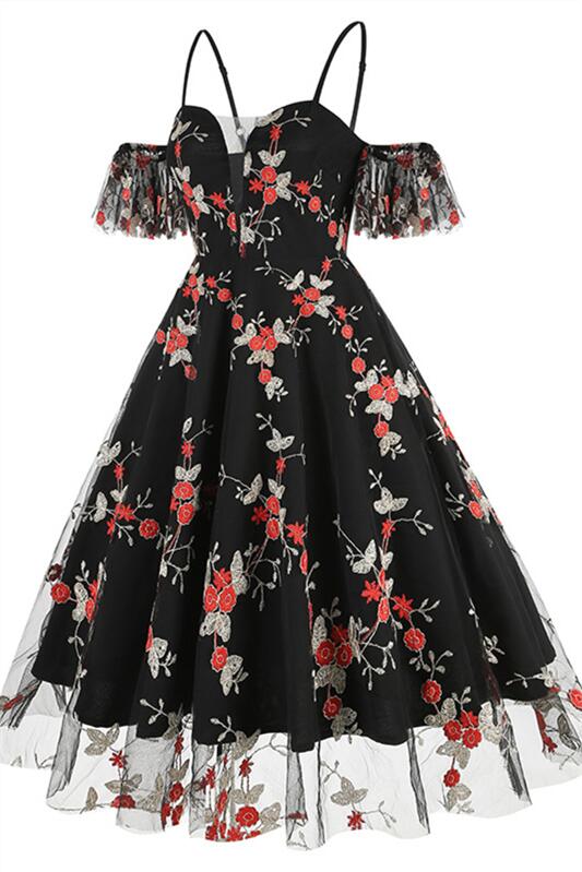 
                      
                        Black 1950s Off the Shoulder Floral Embroidery Vintage Dress
                      
                    