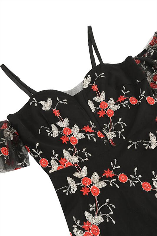 
                      
                        Black 1950s Off the Shoulder Floral Embroidery Vintage Dress
                      
                    