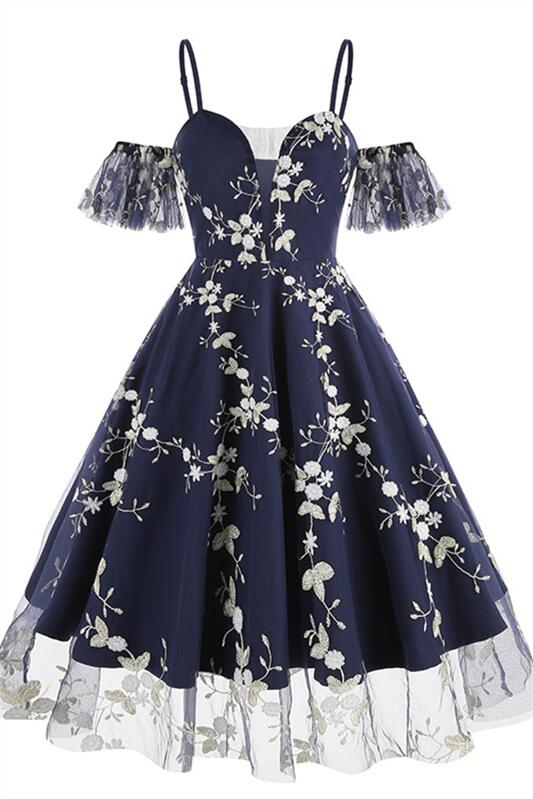 Black 1950s Off the Shoulder Floral Embroidery Vintage Dress