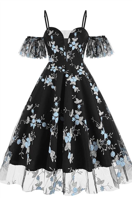 Black 1950s Off the Shoulder Floral Embroidery Vintage Dress