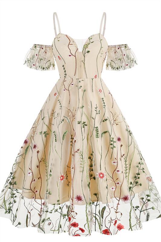 Black 1950s Off the Shoulder Floral Embroidery Vintage Dress