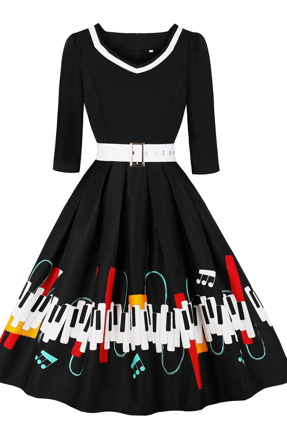 Black 1950s Piano 3/4 Sleeve Big Swing Dress