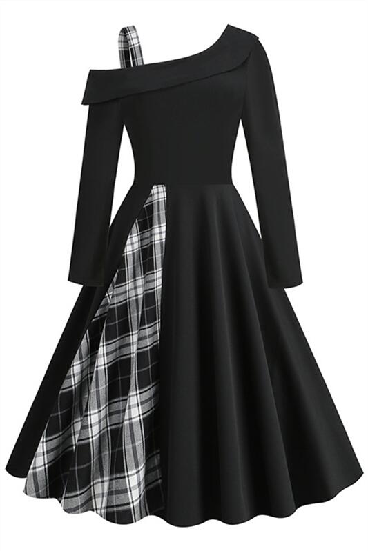 Black 1950s Plaid Lrregular Shoulder Vintage Dress