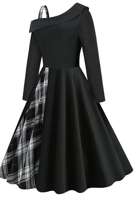 
                      
                        Black 1950s Plaid Lrregular Shoulder Vintage Dress
                      
                    