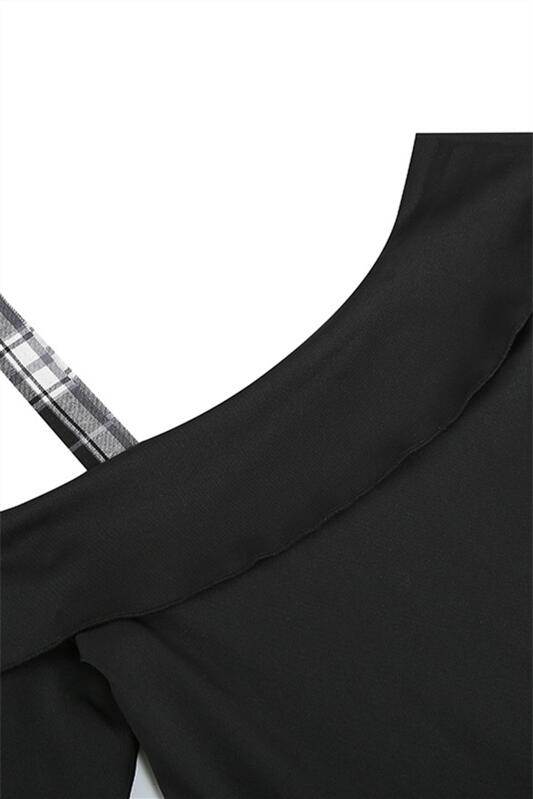 Black 1950s Plaid Lrregular Shoulder Vintage Dress