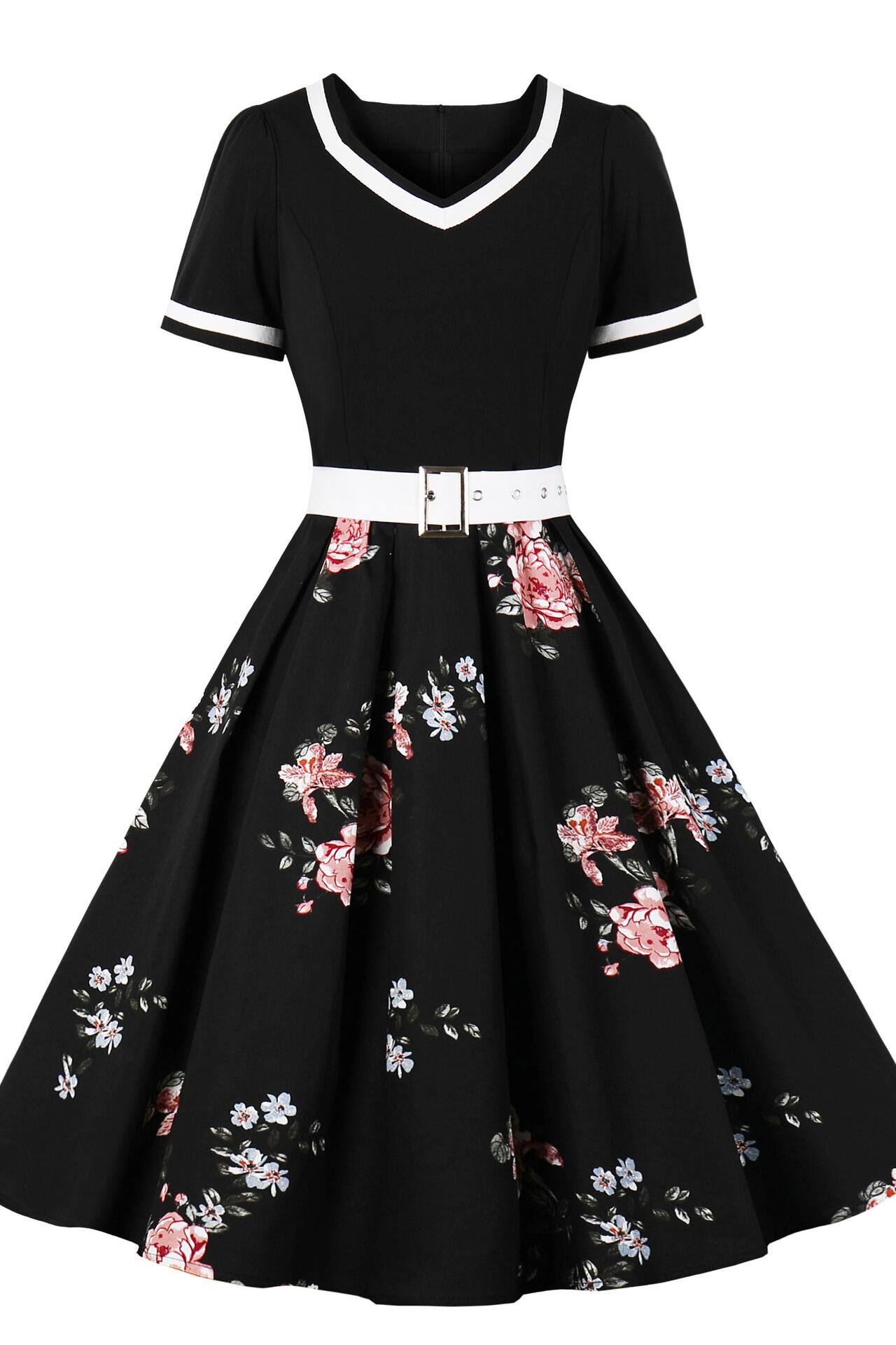 Black 1950s Polka Dots V Neck Vintage Dresses