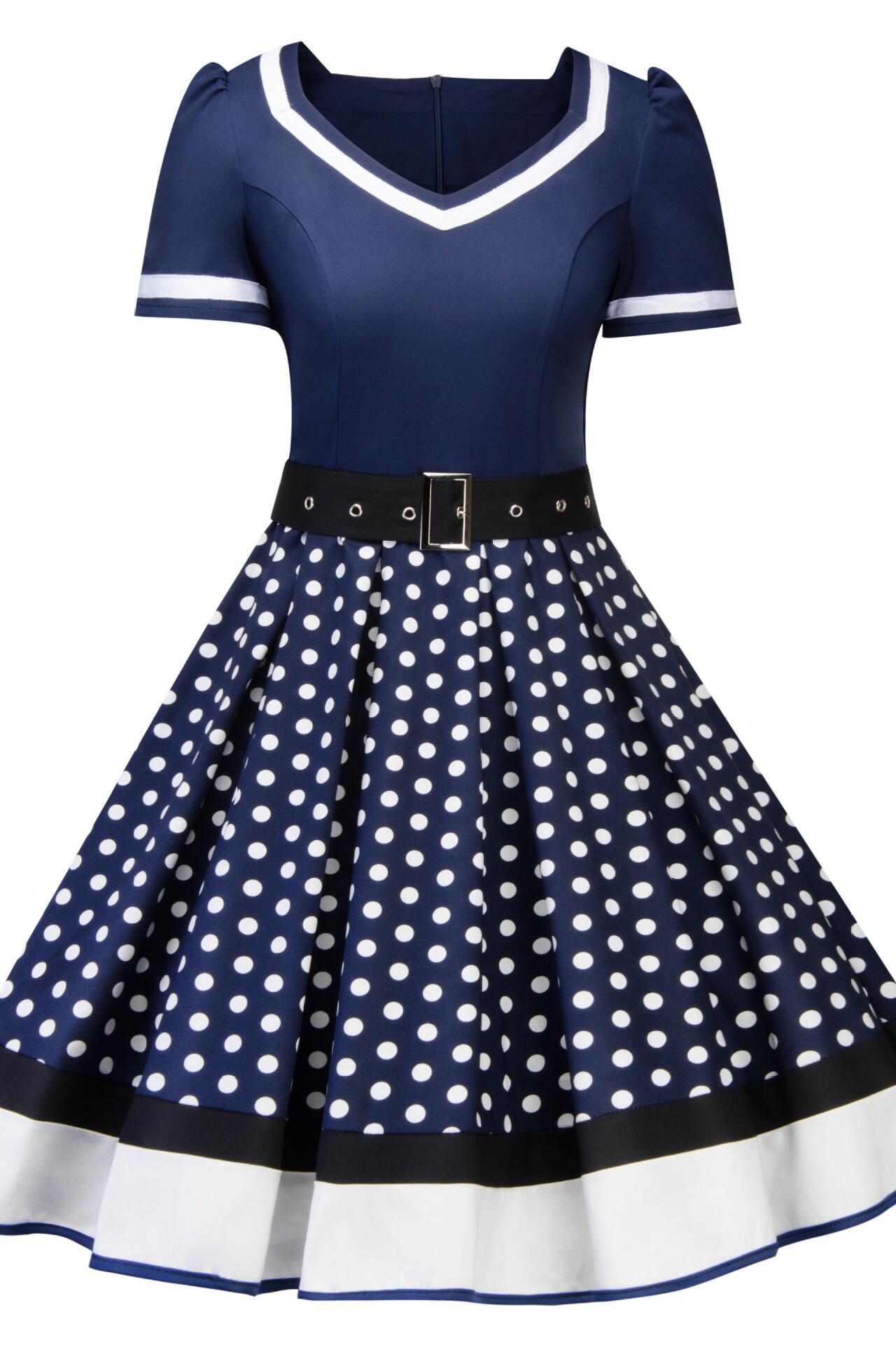 Black 1950s Polka Dots V Neck Vintage Dresses