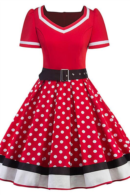 Black 1950s Polka Dots V Neck Vintage Dresses